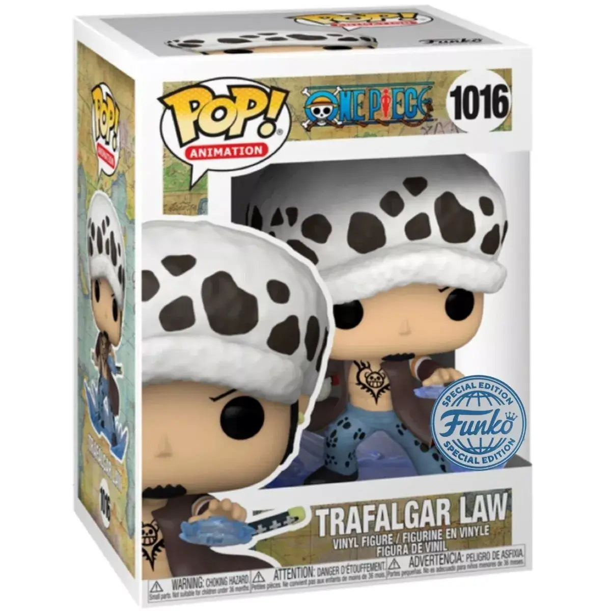 FUNKO POP! One Piece Trafalgar Law 1016 vinyl figure, 9 cm collectible, in box showing premium material and detailed design