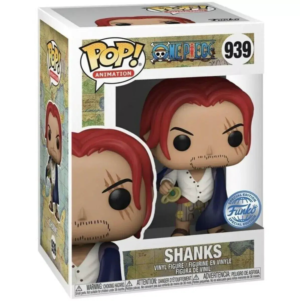 Funko Pop One Piece Shanks 939 vinyl figure in packaging, ideal collectible for fans, high-quality durable vinyl, perfect for display.